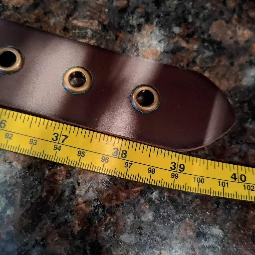 Frye Dark Brown Leather Grommet Belt with Antique Brass Buckle